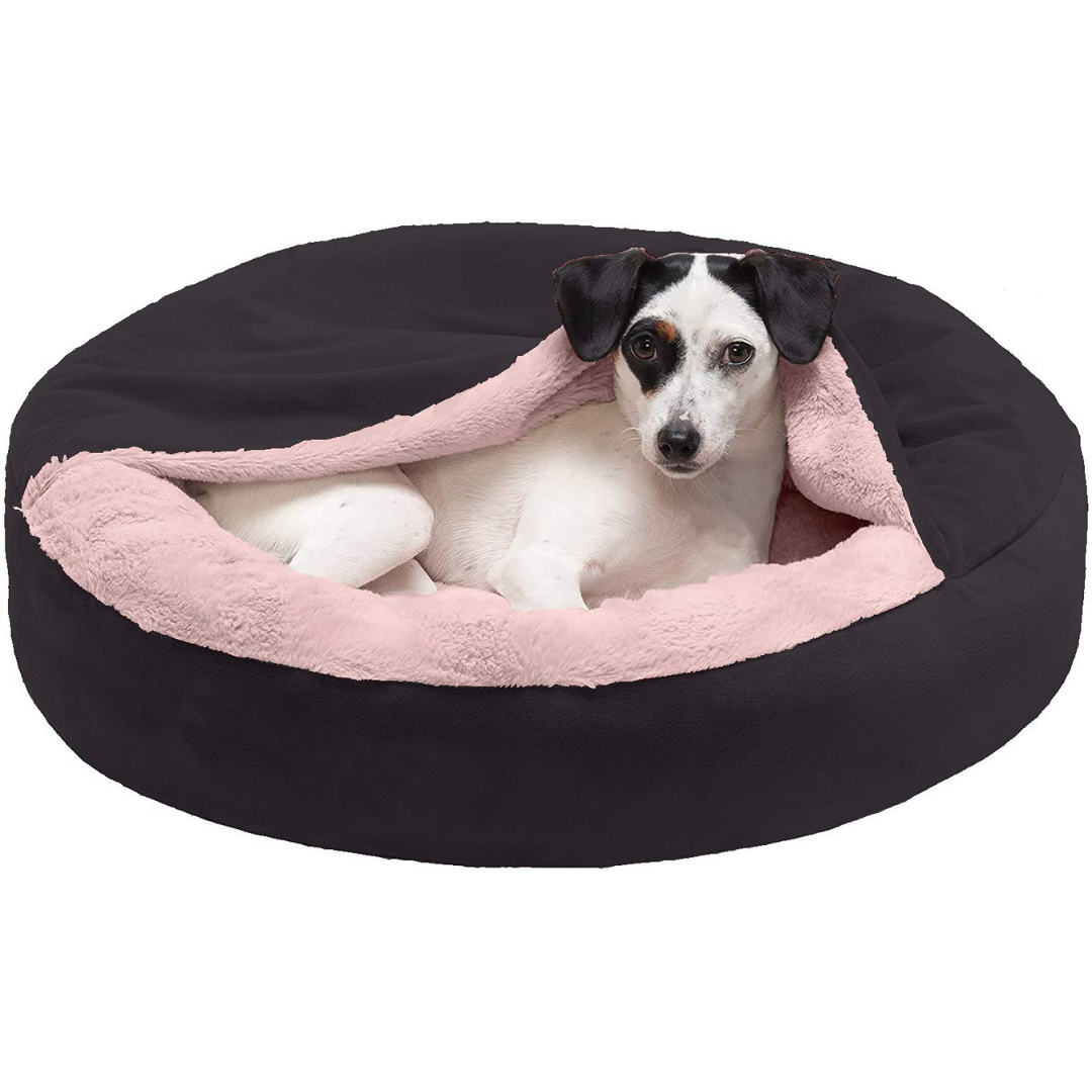 Round Dog Bed with Attached Blanket